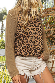 Leopard Print Raglan Sleeve Sweater Top- Latte