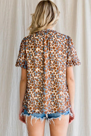 Leopard Print Top with Tassel Tie- Brown & Blue Mix