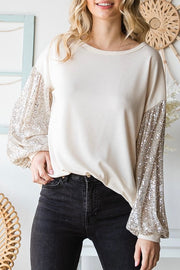 Holiday Sequin Balloon Sleeve Top- Cream/Taupe