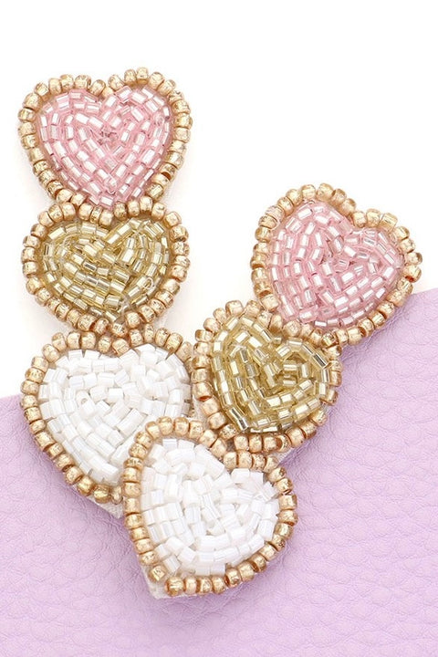 Valentine Seed Bead Heart Earrings- Light Pink, Gold & White