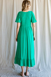 Smocked Tiered Puff Sleeve Midi Dress- Hunter Green