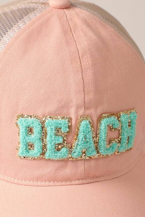 BEACH Chenille Letter Patch Baseball Cap- Dusty Pink