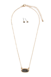 Short Length Druzy Rhinestone Oval Pendant Necklace & Stud Earring Set- Gold Hematite Stone