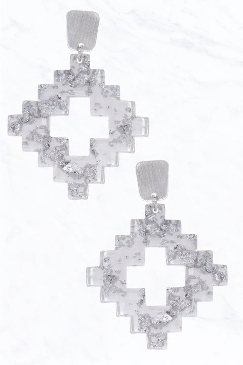 Colorful Metallic Flake Acrylic Dangle Drop Aztec Earrings- Silver/White