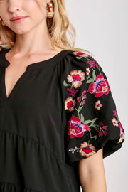 Embroidered Short Sleeve Tiered A-Line Dress- Black