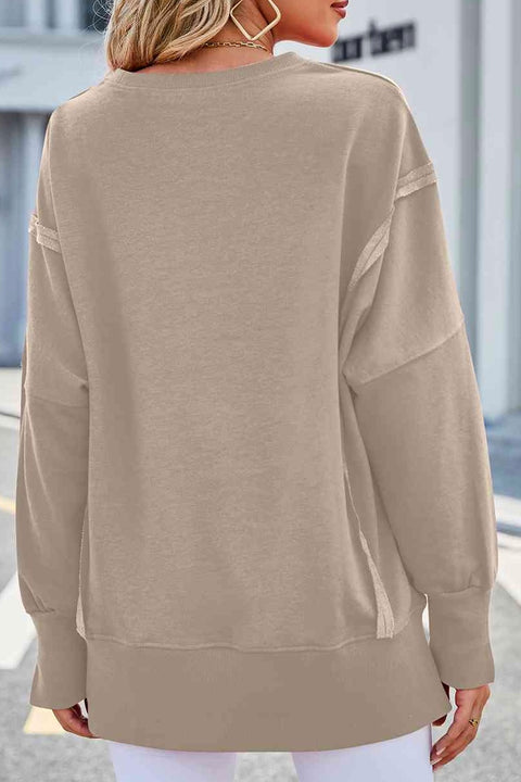 Oversized Exposed Seam Sweatshirt with Side Slits- Army Green