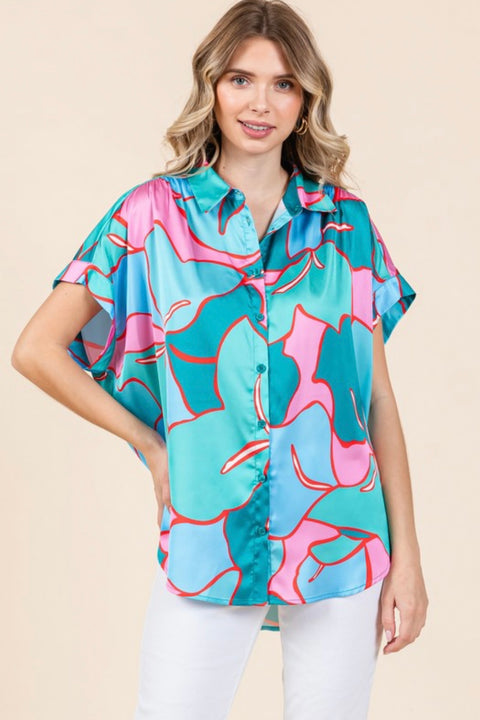 Satin Print Button Up Top