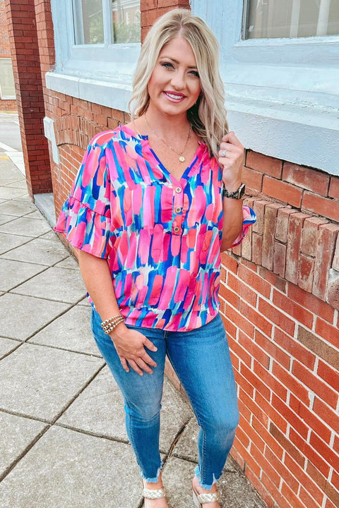 Watercolor Paint Print Button Detail Ruffled Short Sleeves Top- Fuchsia/Royal Blue