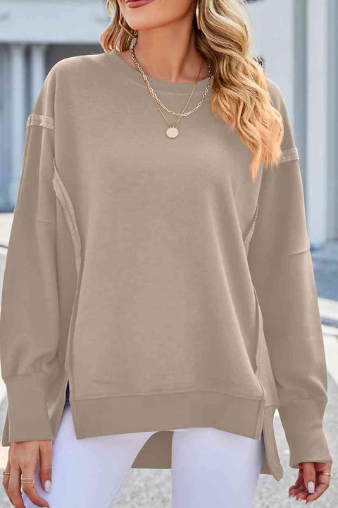 Oversized Exposed Seam Sweatshirt with Side Slits- Army Green