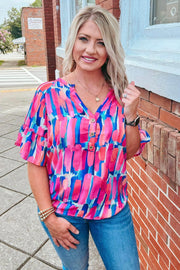 Watercolor Paint Print Button Detail Ruffled Short Sleeves Top- Fuchsia/Royal Blue