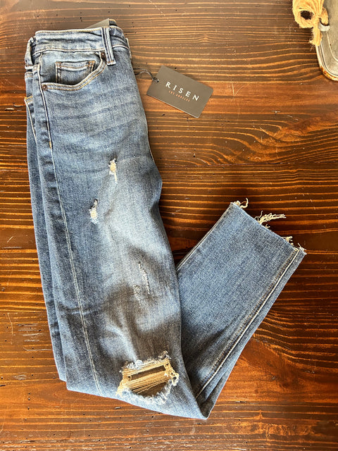 Risen Straight Leg Distressed Jeans