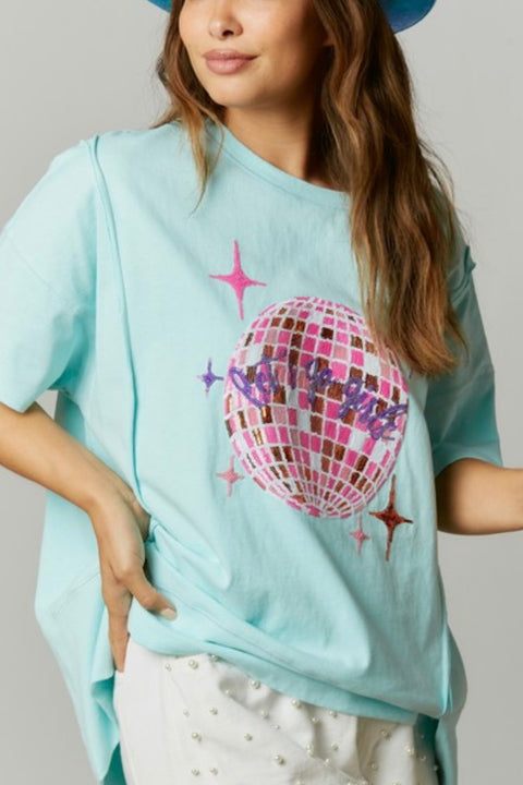 Faye Graphic Sequin Jersey Tee- Baby Blue