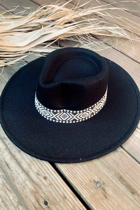 Aztec Boho Adjustable Wide Brimmed Panama Hat - Black
