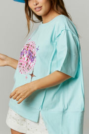 Faye Graphic Sequin Jersey Tee- Baby Blue