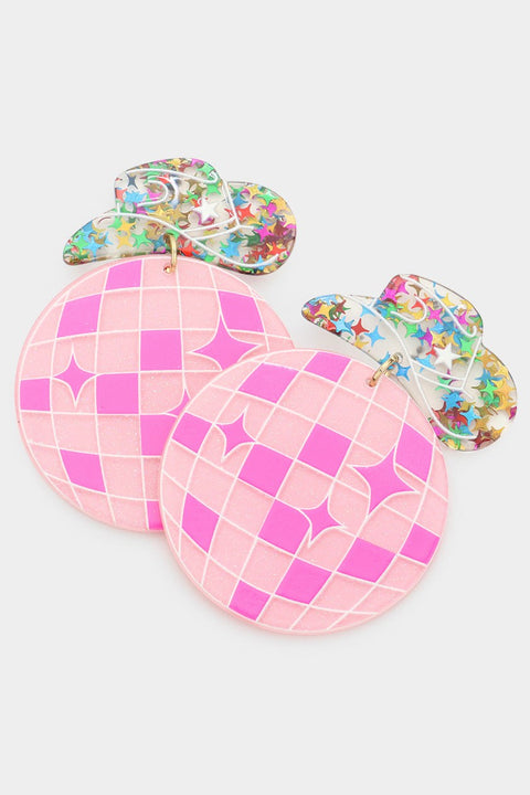 Cowboy Hat Disco Ball Glitter Earrings- Pink