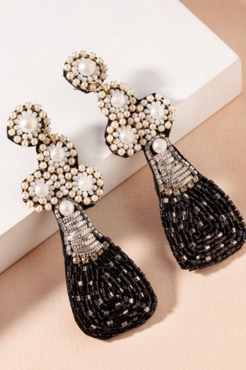 Champagne Bottle Seed Bead Earrings- Black