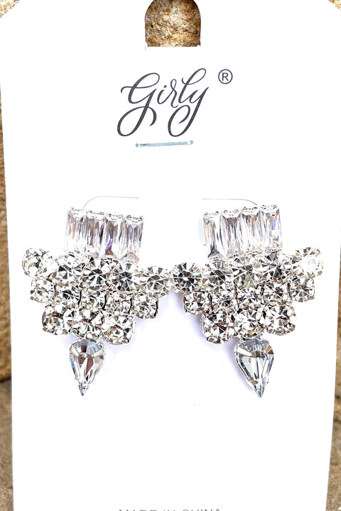 Diamond Rhinestone Post Earrings- Silver