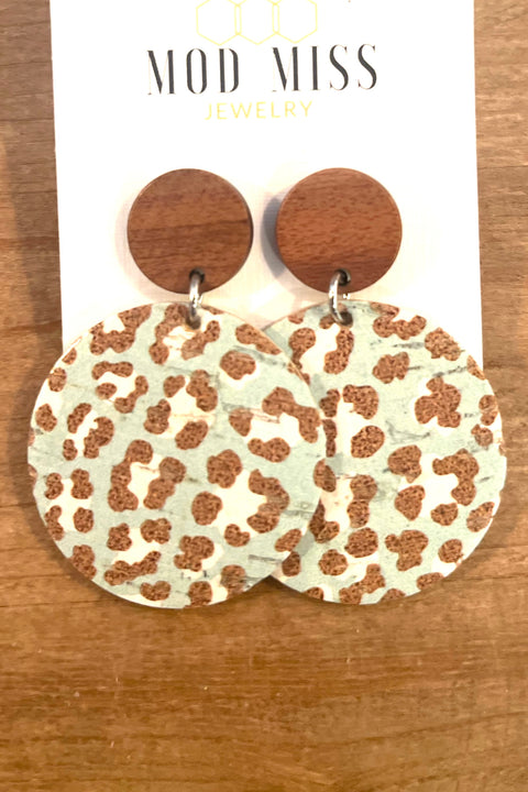 Carina Round Geometric Cork Earrings- Sea Green Leopard